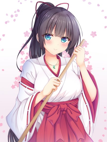 Anime picture 1125x1500 with original nao (naobinarydigit) single long hair tall image looking at viewer blush blue eyes black hair smile upper body ponytail traditional clothes japanese clothes miko girl flower (symbol) magatama