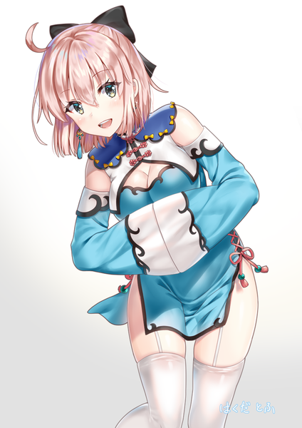 Anime picture 848x1200 with fate (series) fate/grand order koha-ace okita souji (fate) (all) okita souji (koha-ace) hakuda tofu single tall image looking at viewer blush fringe short hair breasts open mouth light erotic simple background hair between eyes standing signed pink hair