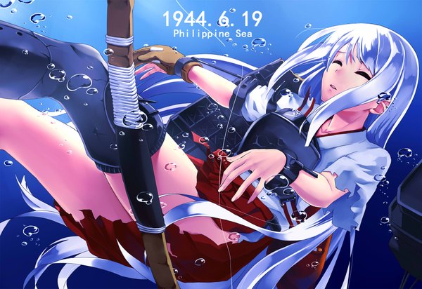 Anime picture 1920x1321 with kantai collection shoukaku aircraft carrier mizuki ame single long hair highres white hair eyes closed traditional clothes torn clothes girl weapon armor bubble (bubbles) bow (weapon) breastplate muneate