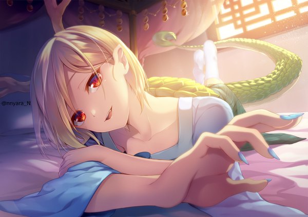 Anime picture 1771x1254 with touhou kicchou yachie nnyara single looking at viewer fringe highres short hair open mouth blonde hair smile red eyes signed indoors tail lying long sleeves nail polish head tilt :d