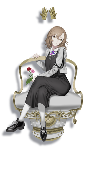 Anime picture 512x1024 with caligula amamoto ayana oguchi (sugimoto gang) single tall image looking at viewer fringe short hair hair between eyes brown hair sitting brown eyes full body head tilt official art crossed legs transparent background girl thighhighs dress