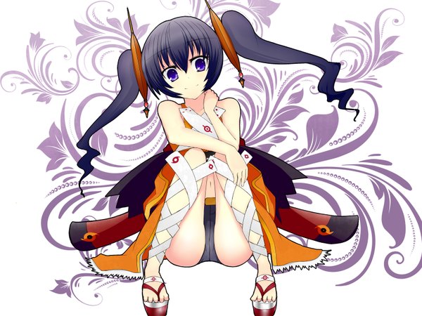 Anime picture 3200x2400 with ar tonelico ar tonelico ii gust (company) cocona vatel single long hair looking at viewer fringe highres light erotic black hair smile hair between eyes sitting purple eyes twintails bare shoulders payot absurdres full body