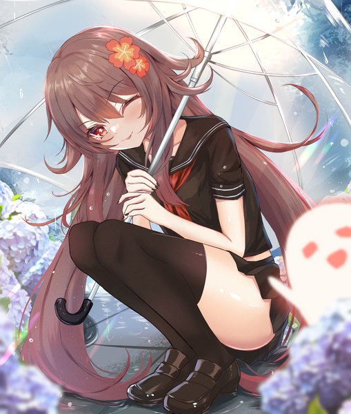 Anime picture 1440x1698 with genshin impact hu tao (genshin impact) boo tao (genshin impact) habu rin single long hair tall image looking at viewer blush fringe smile hair between eyes red eyes brown hair full body nail polish one eye closed hair flower wink short sleeves