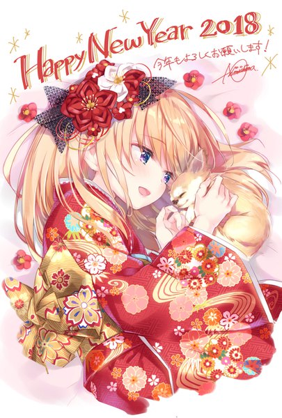 Anime picture 1000x1480 with original kimishima ao single long hair tall image open mouth blue eyes blonde hair lying traditional clothes japanese clothes new year happy new year plum blossoms 2018 sayagata girl hair ornament flower (flowers) animal
