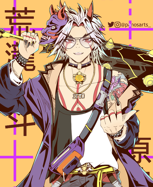 Anime picture 1225x1500 with genshin impact arataki itto panos (ssgpanos) single long hair tall image looking at viewer red eyes signed upper body white hair horn (horns) fingernails open jacket tattoo alternate costume copyright name character names twitter username eyebrows