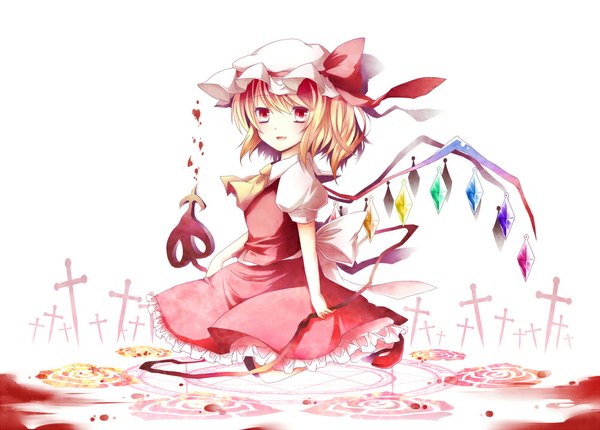 Anime picture 1000x718 with touhou flandre scarlet sanotsuki single looking at viewer short hair blonde hair red eyes girl dress weapon wings bonnet crystal laevatein (touhou)