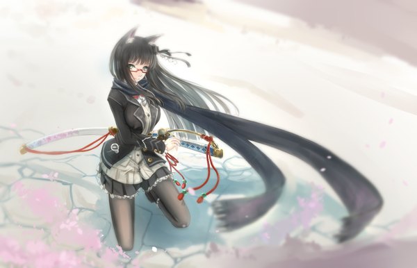 Anime picture 2000x1289 with original kikivi single long hair highres blue eyes black hair animal ears girl uniform weapon school uniform petals pantyhose sword glasses scarf katana