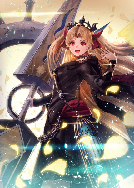 Anime picture 1166x1631 with fate (series) fate/grand order ereshkigal (fate) kuroi susumu single long hair tall image looking at viewer fringe open mouth blonde hair red eyes standing holding nail polish :d wind sparkle two side up girl