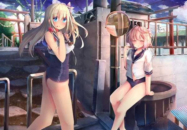 Anime picture 1970x1377 with kantai collection ro-500 submarine i-58 submarine silyouta1120 long hair blush highres short hair blue eyes light erotic blonde hair standing sitting bare shoulders multiple girls pink hair sky cloud (clouds) bent knee (knees) eyes closed