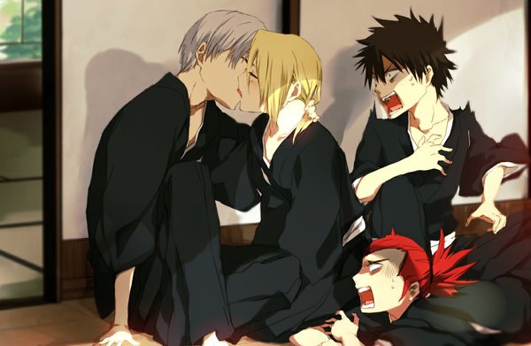 Anime picture 1073x700 with bleach studio pierrot abarai renji ichimaru gin hisagi shuuhei kira izuru an (artist) blush short hair open mouth blonde hair brown hair sitting ponytail red hair lying eyes closed traditional clothes japanese clothes profile