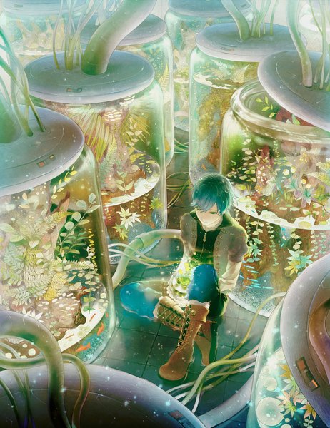 Anime picture 1250x1624 with ame (conronca) tall image short hair sitting aqua eyes aqua hair laboratory boy plant (plants) boots pants bottle wire (wires)
