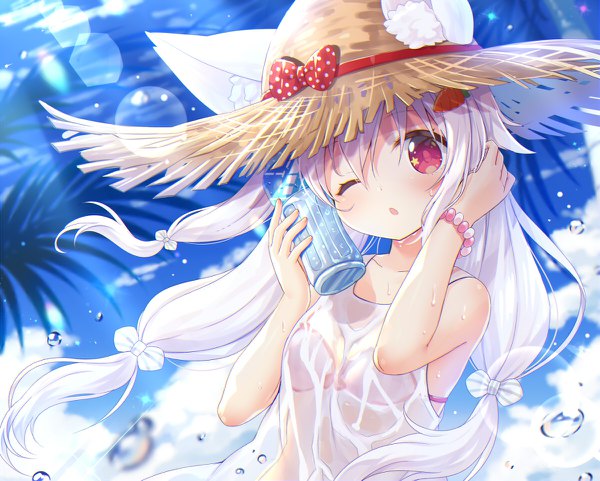Anime picture 1200x962 with original yano mitsuki single long hair looking at viewer blush fringe open mouth light erotic hair between eyes red eyes animal ears sky cloud (clouds) upper body outdoors white hair one eye closed wind wink