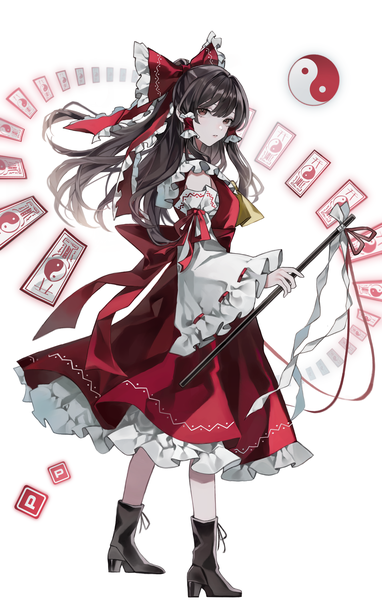 Anime picture 3247x5103 with touhou hakurei reimu hanaya (fleur) single long hair tall image fringe highres black hair hair between eyes standing white background brown eyes absurdres full body traditional clothes japanese clothes high heels nontraditional miko yin yang
