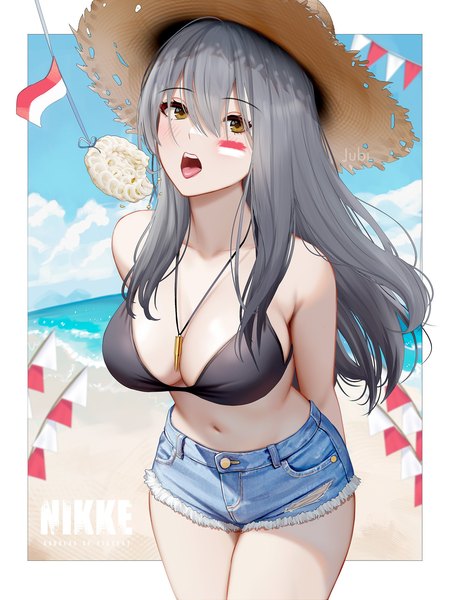 Anime-Bild 1536x2048 mit goddess of victory: nikke frima (nikke) jubi (regiana) single long hair tall image fringe breasts open mouth light erotic hair between eyes signed yellow eyes sky cleavage cloud (clouds) grey hair off shoulder copyright name huge breasts