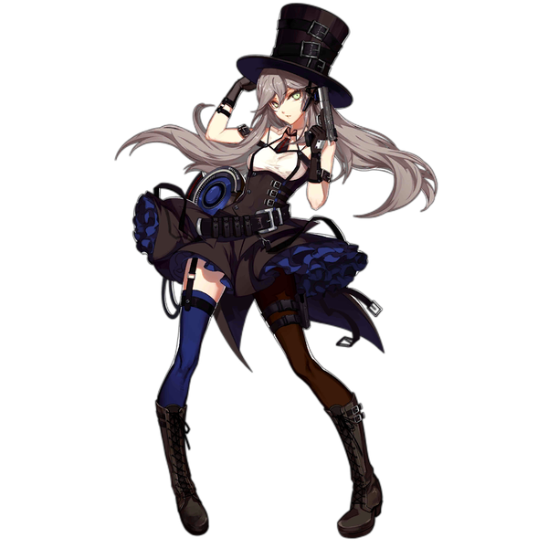 Anime picture 1024x1024 with girls frontline spitfire (girls frontline) skade single long hair fringe hair between eyes standing green eyes full body grey hair official art transparent background lacing asymmetrical legwear girl thighhighs weapon pantyhose frills