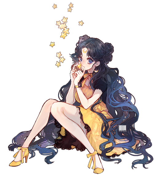 Anime picture 702x819 with bishoujo senshi sailor moon toei animation luna (sailor moon) luna (sailor moon) (human) ryoyell single tall image looking at viewer blue eyes black hair sitting holding full body very long hair high heels wavy hair transparent background girl dress earrings