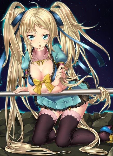 Anime picture 1000x1377 with original yamaki suzume single long hair tall image looking at viewer breasts blue eyes light erotic blonde hair twintails :p girl thighhighs dress bow ribbon (ribbons) black thighhighs hair ribbon shoes