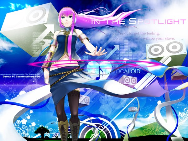 Anime picture 1365x1024 with vocaloid megurine luka penpen (artist) long hair pink hair wind midriff no panties girl thighhighs boots