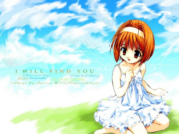 Anime picture 1024x768 with sister princess zexcs kaho (sister princess) single fringe open mouth sitting bare shoulders brown eyes looking away sky cloud (clouds) outdoors head tilt barefoot arm up sunlight orange hair inscription bare legs