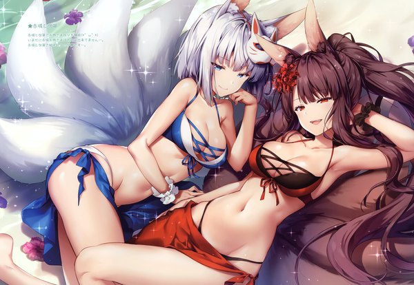 Anime picture 4869x3363 with azur lane akagi (azur lane) kaga (azur lane) akagi (paradise amaryllis) (azur lane) kaga (everlasting killing stone) (azur lane) riichu long hair looking at viewer blush fringe highres short hair breasts open mouth blue eyes light erotic smile red eyes brown hair multiple girls