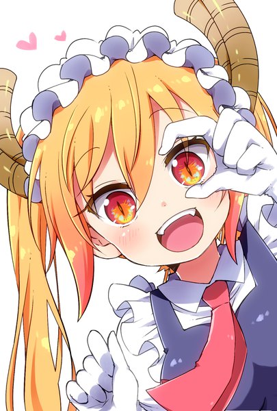 Anime picture 1378x2039 with kobayashi-san chi no maidragon kyoto animation tooru (maidragon) pikomarie single long hair tall image looking at viewer fringe open mouth blonde hair simple background hair between eyes red eyes white background twintails head tilt :d horn (horns) teeth
