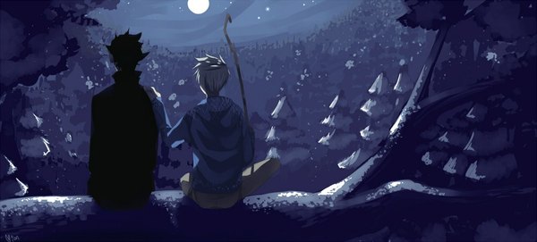 Anime picture 1000x452 with rise of the guardians dreamworks jack frost (rise of the guardians) pitch sanderson mansnoozie short hair black hair wide image sitting sky silver hair multiple boys night sky couple back boy plant (plants) tree (trees) jacket star (stars)