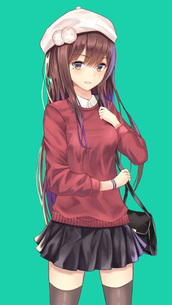 Anime picture 1500x2662 with original cup6542 single long hair tall image looking at viewer blush fringe breasts simple background smile hair between eyes brown hair standing brown eyes pleated skirt facial mark gradient hair aqua background girl