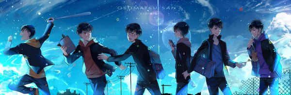 Anime picture 1200x395 with osomatsu-san matsuno osomatsu matsuno karamatsu matsuno ichimatsu matsuno choromatsu matsuno todomatsu matsuno juushimatsu ekita xuan short hair open mouth black hair wide image signed sky cloud (clouds) profile one eye closed looking back arm up multiple boys