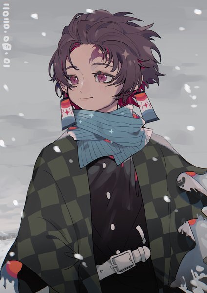 Anime picture 2308x3264 with kimetsu no yaiba ufotable kamado tanjirou taowu (20809) single tall image highres short hair red eyes brown hair upper body light smile dated snowing scar boy earrings scarf