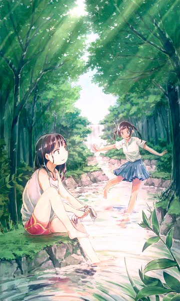 Anime picture 1000x1667 with original warabimochi kinako long hair tall image short hair open mouth black hair smile standing sitting twintails multiple girls holding green eyes payot bent knee (knees) pleated skirt barefoot aqua eyes light smile