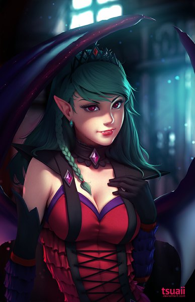 Anime picture 660x1020 with original evelyn (drewdiddy1996) tsuaii single long hair tall image looking at viewer red eyes braid (braids) green hair pointy ears realistic teeth fang (fangs) single braid hand on chest bat wings vampire borrowed character girl