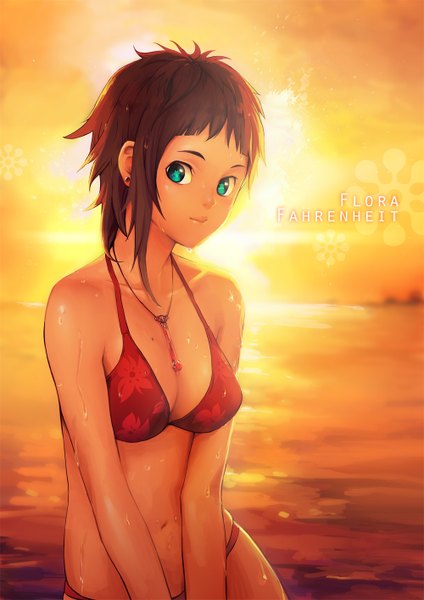 Anime picture 1000x1414 with original asuka111 single tall image short hair brown hair green eyes inscription evening sunset girl navel swimsuit bikini sea pendant red bikini floral print bikini