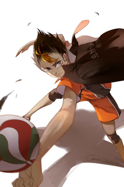 Anime picture 832x1252 with haikyuu!! production i.g nishinoya yuu canto single tall image short hair black hair simple background smile white background signed multicolored hair from above two-tone hair shadow streaked hair dated spread arms multicolored eyes