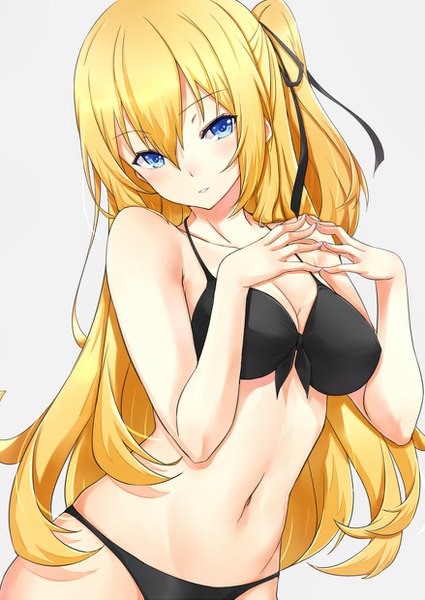 Anime picture 877x1239 with saenai heroine no sodatekata a-1 pictures sawamura spencer eriri asya single long hair tall image looking at viewer blush fringe breasts blue eyes light erotic blonde hair hair between eyes large breasts parted lips grey background side ponytail fingers together