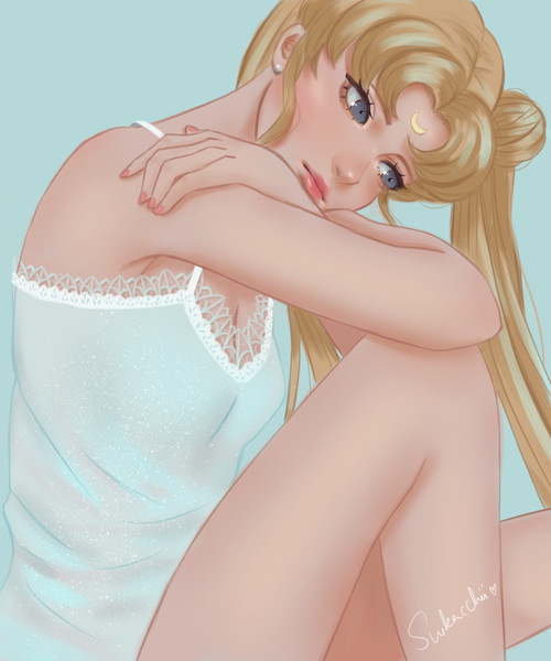 Anime picture 1024x1228 with bishoujo senshi sailor moon toei animation tsukino usagi suikacchii single long hair tall image fringe blue eyes blonde hair twintails signed bent knee (knees) nail polish head tilt fingernails lips hair bun (hair buns) leaning leaning forward