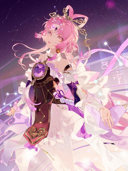 Anime picture 1500x2000 with honkai: star rail honkai (series) fu xuan (honkai: star rail) lirseven single tall image looking at viewer open mouth yellow eyes pink hair very long hair spread arms hair rings forehead mark girl detached sleeves pantyhose white pantyhose hairpin (hairpins)