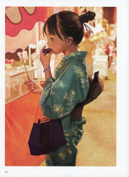 Anime picture 5092x6966 with futurelog (artbook) range murata tall image highres short hair brown hair standing brown eyes looking away absurdres traditional clothes japanese clothes profile scan hair bun (hair buns) floral print border eating girl ribbon (ribbons)