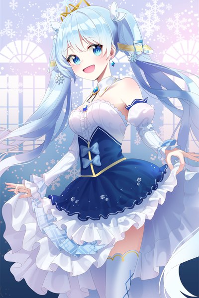 Anime picture 3000x4500 with vocaloid hatsune miku yuki miku yuki miku (2019) re-leaf single tall image looking at viewer blush highres open mouth blue eyes smile standing twintails bare shoulders very long hair :d aqua hair christmas