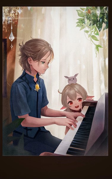 Anime picture 1266x2017 with genshin impact klee (genshin impact) albedo (genshin impact) dodoco (genshin impact) anna (drw01) tall image short hair open mouth blue eyes blonde hair red eyes looking away ahoge indoors :d pointy ears short sleeves border half updo playing instrument