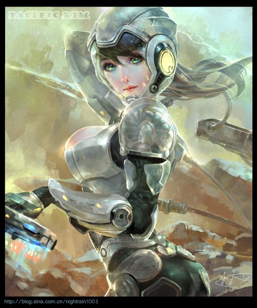 Anime picture 1000x1200 with pacific rim yu-han single long hair tall image looking at viewer fringe breasts black hair large breasts green eyes signed lips girl armor helmet