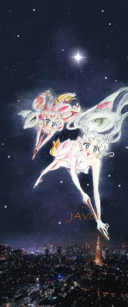 Anime picture 900x2159 with bishoujo senshi sailor moon toei animation tsukino usagi chibiusa zelldinchit (artist) long hair tall image looking at viewer blush open mouth blue eyes twintails multiple girls pink hair white hair wind orange hair night hair bun (hair buns) night sky