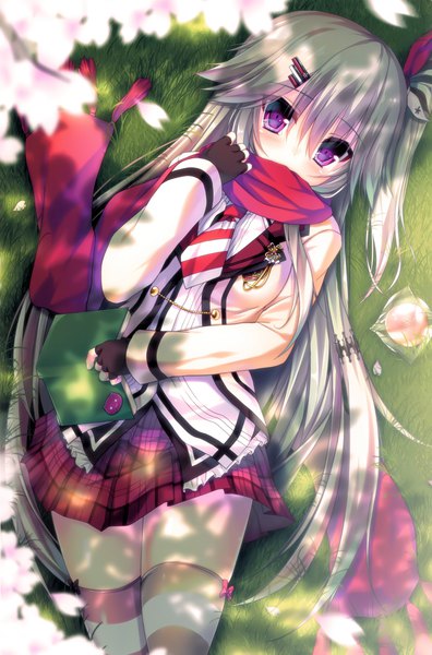 Anime picture 2967x4489 with hanasaki work spring shiranui inori syroh single long hair tall image looking at viewer blush highres breasts purple eyes outdoors lying pleated skirt from above grey hair sunlight on back zettai ryouiki looking up