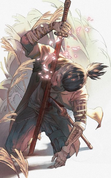 Anime picture 1286x2048 with sekiro: shadows die twice from software sekiro lalalalyla0 single tall image short hair black hair simple background white background holding full body ponytail arm up kneeling boy weapon sword katana