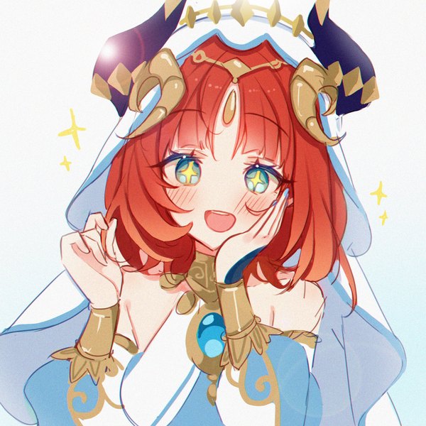 Anime picture 2000x2000 with genshin impact nilou (genshin impact) li nauu single looking at viewer blush fringe highres short hair open mouth blue eyes simple background white background upper body red hair blunt bangs :d horn (horns) sparkle puffy sleeves