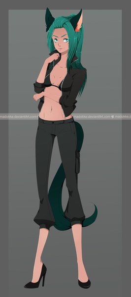 Anime picture 1024x2310 with original nebeskaa single long hair tall image light erotic simple background smile standing animal ears looking away tail animal tail aqua eyes light smile lips grey hair aqua hair open clothes open jacket