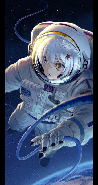 Anime picture 530x1000 with original pinakes single tall image fringe short hair hair between eyes brown eyes looking away white hair :o space weightlessness pillarboxed girl hair ornament hairclip star (symbol) suit star hair ornament