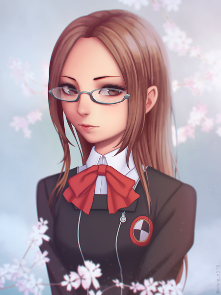 Anime picture 1080x1440 with persona 3 persona fushimi chihiro miura-n315 single long hair tall image looking at viewer brown hair brown eyes depth of field lipstick makeup girl uniform flower (flowers) bow school uniform glasses bowtie