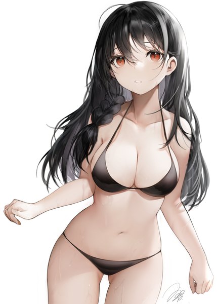 Anime picture 2144x3000 with original iori (cpeilad) single long hair tall image looking at viewer fringe highres breasts light erotic black hair simple background hair between eyes red eyes large breasts standing white background signed payot cleavage
