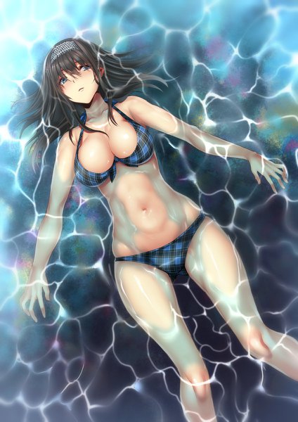 Anime picture 848x1200 with idolmaster idolmaster cinderella girls sagisawa fumika nohito single long hair tall image blush fringe breasts blue eyes light erotic black hair hair between eyes large breasts looking away parted lips on back partially submerged ass visible through thighs