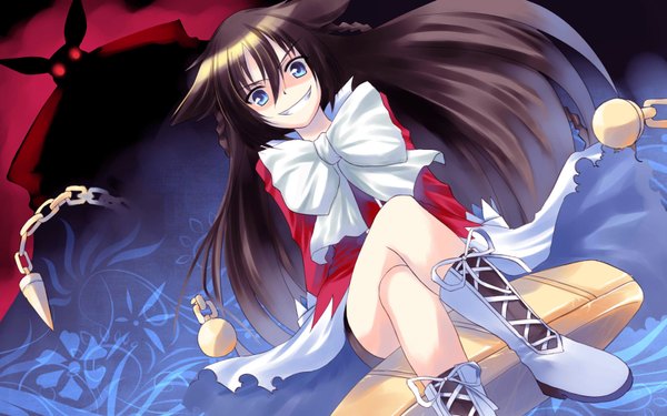 Anime picture 1680x1050 with pandora hearts xebec alice (pandora hearts) long hair looking at viewer blue eyes smile brown hair wide image crazy smile girl bow chain large bow